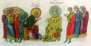 На иконе изображена встреча императрицы Феодоры с иконописцем Лазарем, пострадавшем при императоре Феофиле. Миниатюра из Хроники Иоанна Скилицы